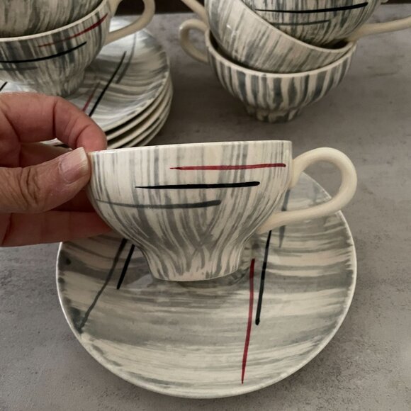 Vintage MCM Hiawatha Prim Rose Atomic Stetson China Six Tea Cups Saucers Sets - Picture 3 of 7